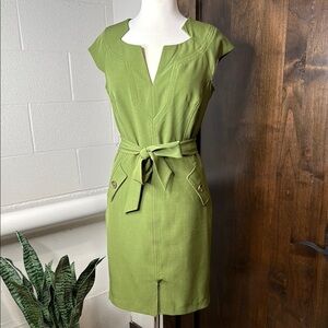 Green Sheath Mini Dress with Tie Front and Flutter Cap Sleeves